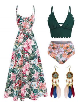 Vacation Tummy Control Floral Swimsuit and Cami Maxi Dress and Boho Earrings Outfit