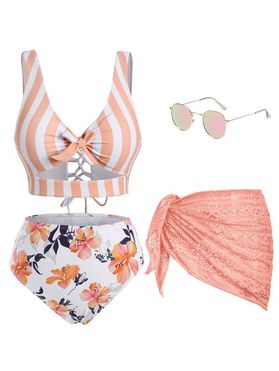 Striped Floral Cutout Lace-up Knot Tankini Swimwear Crochet Sarong Retro Round Sunglasses Outfit