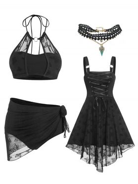 Gothic Butterfly Mesh Bikini Swimsuit and Lace Up Flare Dress and Choker Necklace Outfit