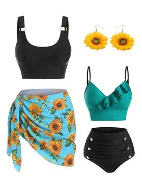 Tummy Control Sunflower Ruffle Contrast Tankini Swimsuit and Drop Earrings Outfit