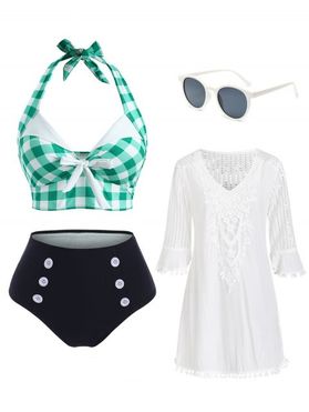 Plaid High Rise Swimsuit Crochet Insert Tunic Cover Up And Sunglasses Outfit