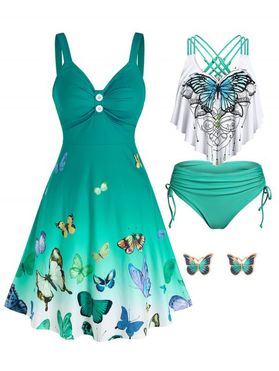 Flounce Butterfly Cross Tankini Swimsuit and Ombre Dress and Stud Earrings Outfit