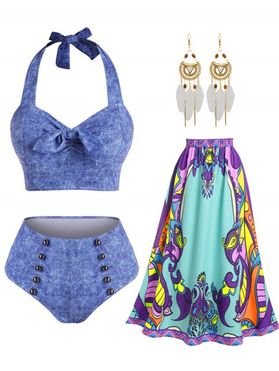Vacation Bikini Swimsuit Ethnic Print Maxi Skirt And Feather Drop Earrings Outfit