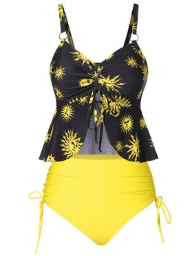 Vintage Peplum Tankini Swimsuit Sun Print Cinched Flounce Swimwear Set