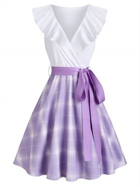 Plaid Print Mini Dress Surplice Plunge Ruffle A Line Dress Sleeveless Belted Combo Dress