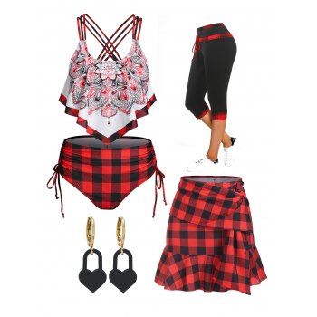 

Vintage Plaid Flounce Swimsuit and Leggings and Flounce Skirt and Earrings Outfit, Deep red