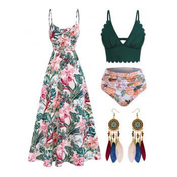 

Vacation Tummy Control Floral Swimsuit and Cami Maxi Dress and Boho Earrings Outfit, Multicolor