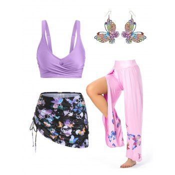 

Vacation Butterfly Print Tankini Swimsuit Slit Wide Leg Pants And Hook Earrings Outfit, Multicolor