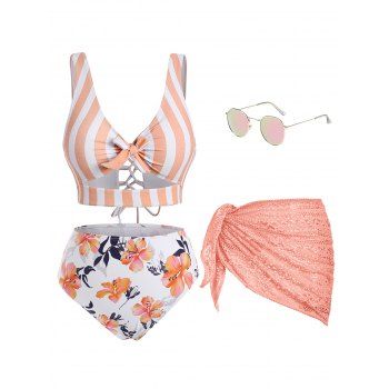 

Striped Floral Cutout Lace-up Knot Tankini Swimwear Crochet Sarong Retro Round Sunglasses Outfit, Light pink