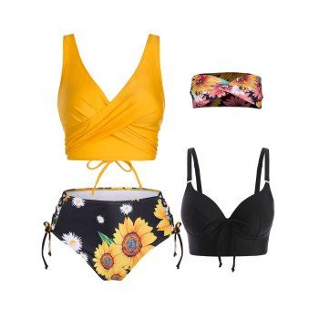

Floral Print Lace Up Tankini Swimwear Bowknot Bikini Top Twisted Headband Outfit, Multicolor