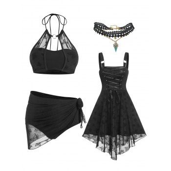 

Gothic Butterfly Mesh Bikini Swimsuit and Lace Up Flare Dress and Choker Necklace Outfit, Black