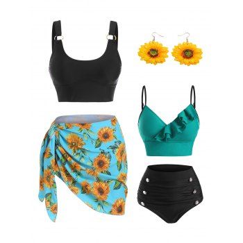

Tummy Control Sunflower Ruffle Contrast Tankini Swimsuit and Drop Earrings Outfit, Multicolor