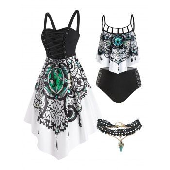 

Gothic Butterfly Flounce Tankini Swimsuit and Lace Up Asymmetrical Dress and Necklace Outfit, Multicolor