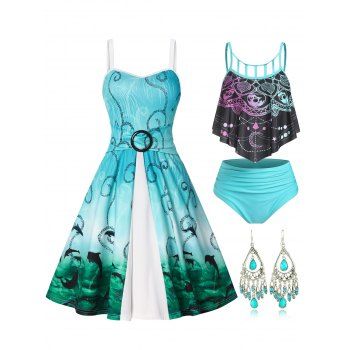 

Gothic Tummy Control Skull Swimsuit and Marine Life Cami Dress and Drop Earrings Outfit, White