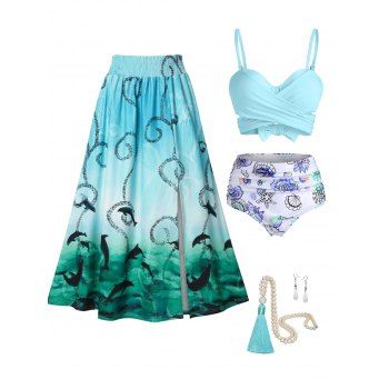 

Bohemian Marine Life Print Bikini Swimsuit Ombre Skirt Tassel Necklace Earrings Set Outfit, Green