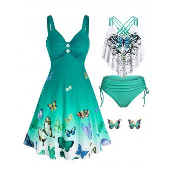 

Flounce Butterfly Cross Tankini Swimsuit and Ombre Dress and Stud Earrings Outfit, Green