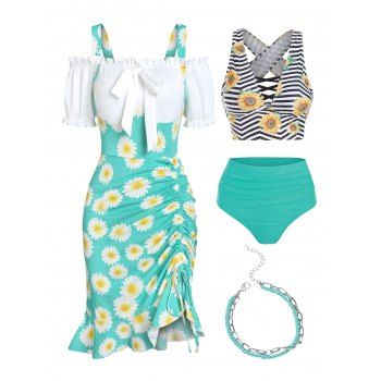 

Daisy Print Dress Zig Zag Sunflower Tankini Swimwear 2Pcs Beaded Figaro Chain Anklets Outfit, Light green