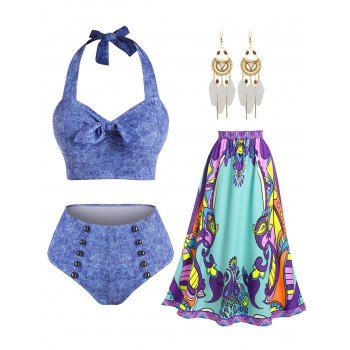 

Vacation Bikini Swimsuit Ethnic Print Maxi Skirt And Feather Drop Earrings Outfit, Multicolor