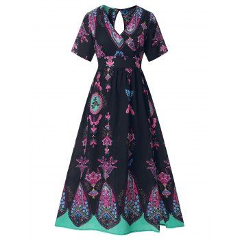 

Plus Size Bohemian Butterfly Floral Long Surplice Slit Dress, Black