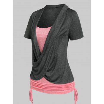 

Heathered Cinched Cross Short Sleeves Contrast Colorblock Faux Twinset Tee, Light pink