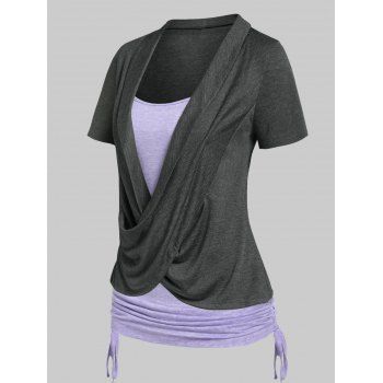 

Heathered Cinched Cross Short Sleeves Contrast Colorblock Faux Twinset Tee, Light purple