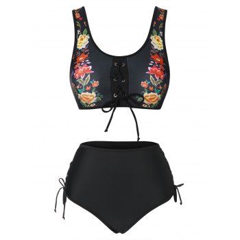 

Floral Bikini Swimsuit High Waisted Lace Up Tank Swimwear Set, Black