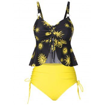 

Vintage Peplum Tankini Swimsuit Sun Print Cinched Flounce Swimwear Set, Yellow