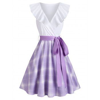 

Plaid Print Mini Dress Surplice Plunge Ruffle A Line Dress Sleeveless Belted Combo Dress, Light purple