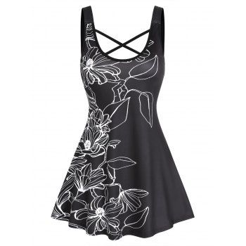 Sketch Leaf Floral Print Crisscross Skirted Tank Top