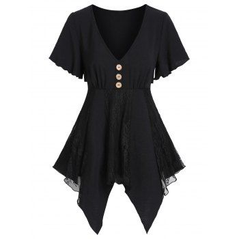 

Lace Panel Asymmetric Hem Plunge Short Sleeve Mock Button Top, Black