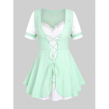 

Plus Size & Curve Contrast Lace Up Ruched 2 In 1 Tee, Light green