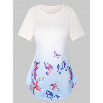 

Plus Size Vacation Ombre Butterfly Print Curved Hem T Shirt, Light blue