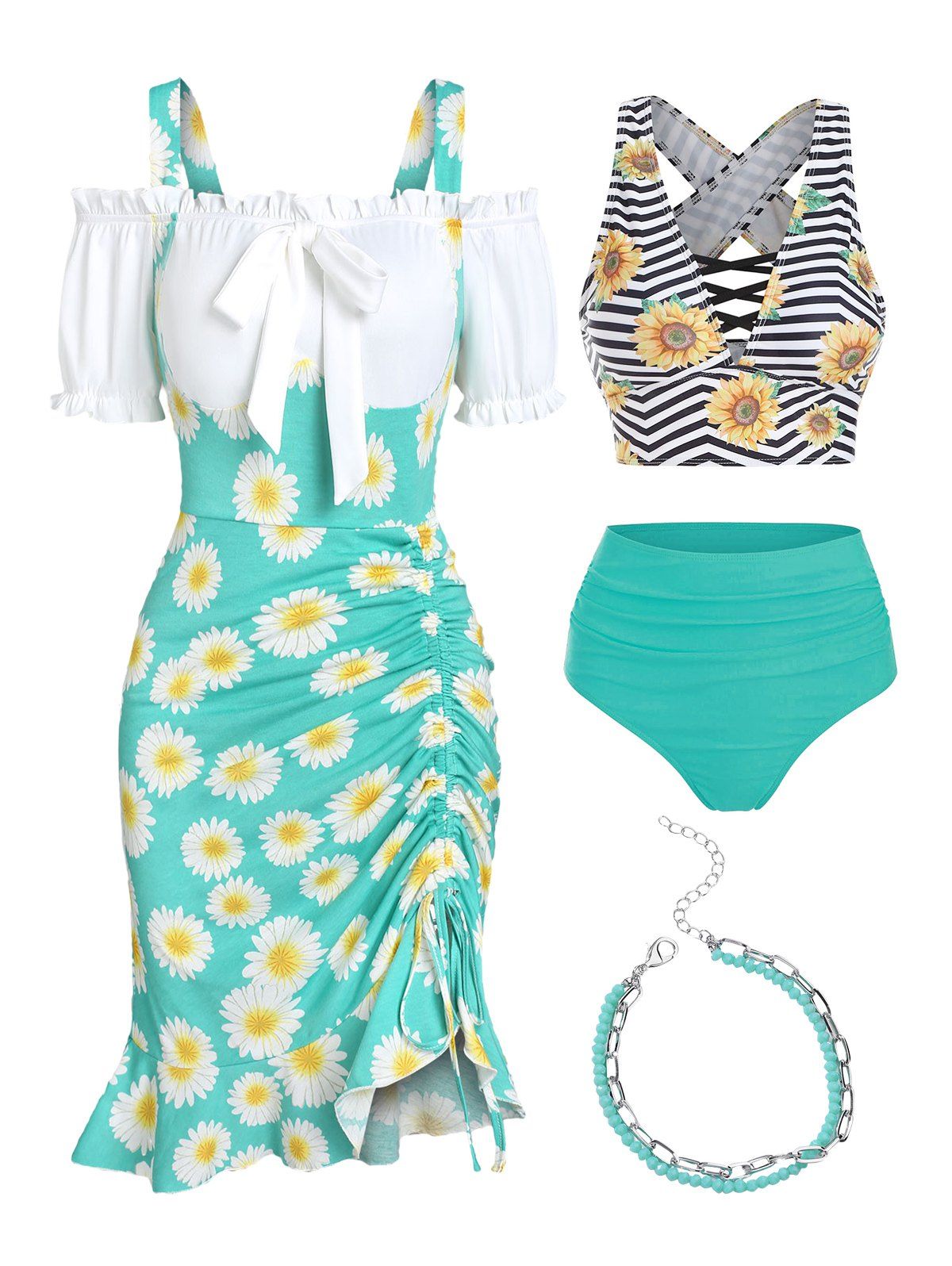 Daisy Print Dress Zig Zag Sunflower Tankini Swimwear 2Pcs Beaded Figaro Chain Anklets Outfit - LIGHT GREEN S