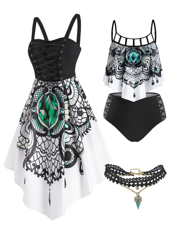 Ensemble de Maillot de Bain Tankini Asymétrique Gothique Papillon à Volants et Robe à Lacets et Collier - multicolor S