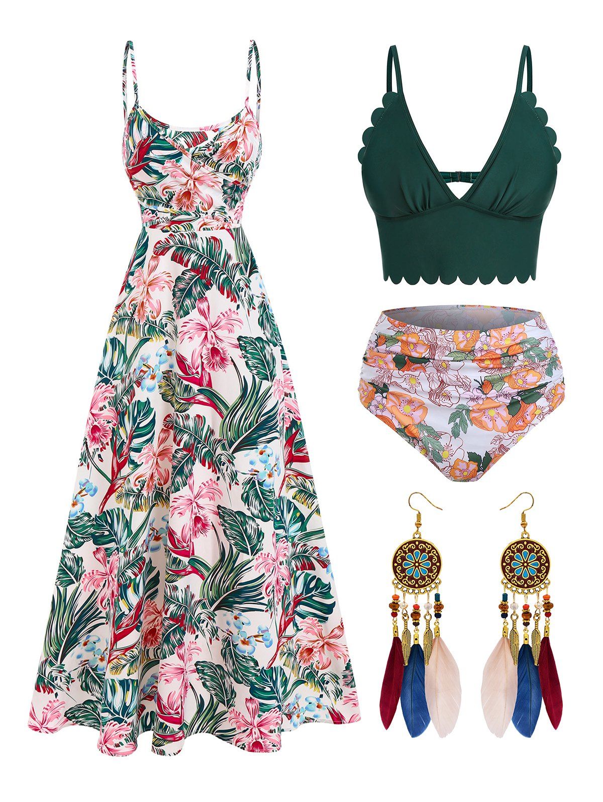 Vacation Tummy Control Floral Swimsuit and Cami Maxi Dress and Boho Earrings Outfit - multicolor S