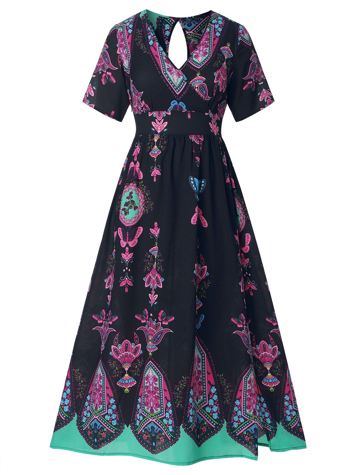 Plus Size Bohemian Butterfly Floral Long Surplice Slit Dress - BLACK XL