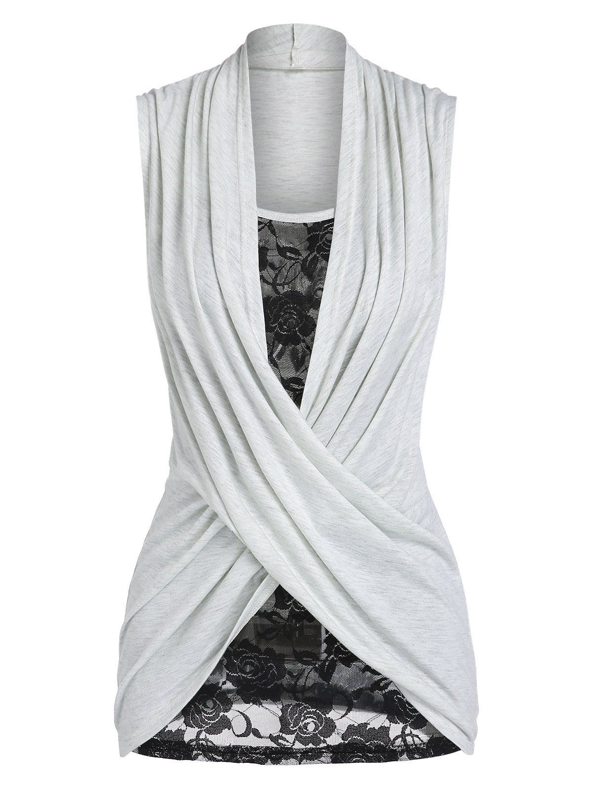 Allover Floral Lace Insert Cami Top and Heather Cross Ruched Tank Top - LIGHT GRAY XL