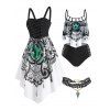 Ensemble de Maillot de Bain Tankini Asymétrique Gothique Papillon à Volants et Robe à Lacets et Collier - multicolor S