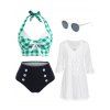 Plaid High Rise Swimsuit Crochet Insert Tunic Cover Up And Sunglasses Outfit - multicolor S