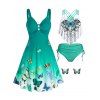 Ensemble de Maillot de Bain Tankini Papillon Croisé Ombré à Volants et Boucles D'Oreilles - Vert S