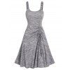 Space Dye Print Midi Dress Mock Button Cinched Ruched Tie Up Flare A Line Dress - LIGHT GRAY XXL