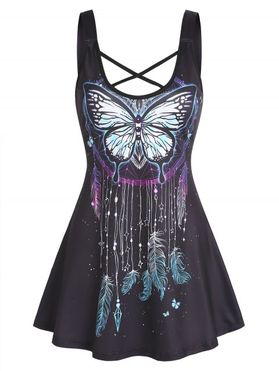 Gothic Feather Butterfly Print Crisscross Skirted Tank Top