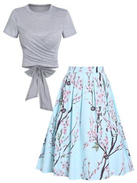 Cross Wrap Bowknot Top and Butterfly Flower Pleated Skirt Outfit