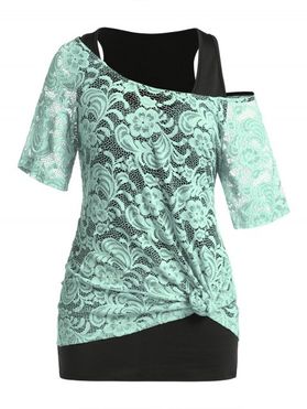 Plus Size Top Lace See Thru T Shirt and Racerback Tank Top Two Piece Top Set