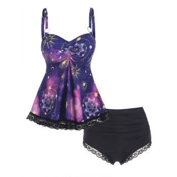 

Modest Tankini Swimsuit Vintage Swimwear Celestial Sun Moon Print Lace Insert Ruched Beach Bathing Suit, Purple