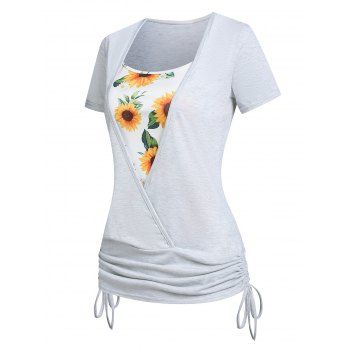 Surplice Tee Cinched Tie Ruched Sunflower Floral Print Faux Twinset T Shirt