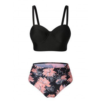 

Corset Tummy Control Swimsuit Push Up Floral Tankini Swimwear Set, Black