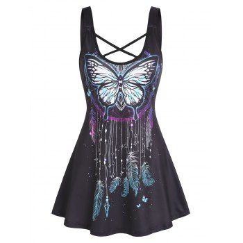 

Gothic Feather Butterfly Print Crisscross Skirted Tank Top, Black