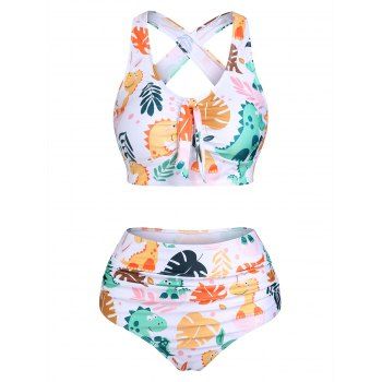 

Cartoon Dinosaur Tropical Leaf Vacation Swimsuit Cross Back High Rise Tankini Swimwear, Yellow