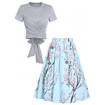 

Cross Wrap Bowknot Heathered Top and Butterfly Rose Flower Pleated Skirt Outfit, Light blue